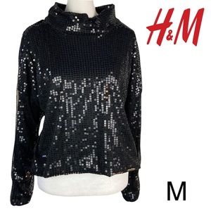 H&M Black Sequined Crop Top long sleeved EUC size Medium